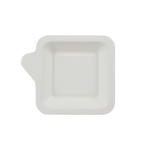 Liten tallrik med handtag Fingerfood 50 pack, vit, gjord av sockerrör, miljövänlig, 11,3 cm x 11,3 cm