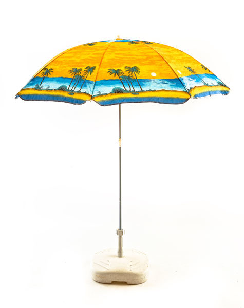 Parasoll Hawaii - strandmotiv, gul grundfärg, 180 cm, fot medföljer